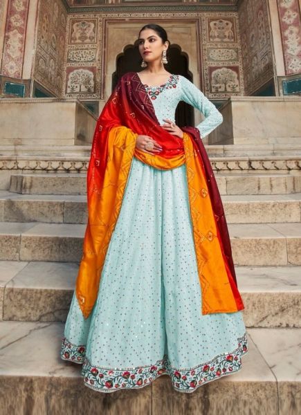 Light Blue Georgette With Thread, Embroidery & Sequins-Work Party-Wear Readymade Gown With Dupatta