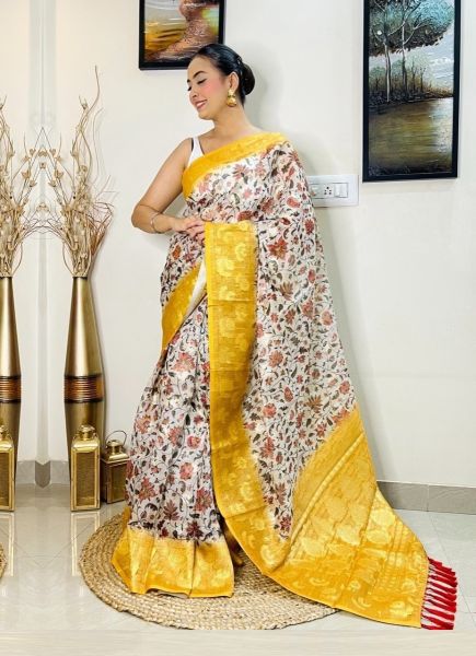 White & Yellow Jari-Silk Festive Wear Saree