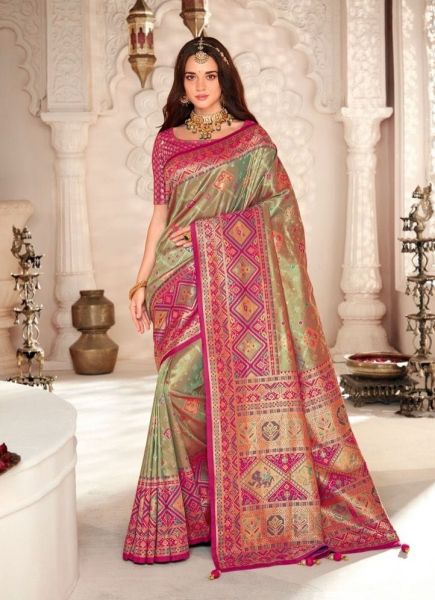 Light Olive Green & Magenta Banarasi Silk Embroidered Party-Wear Saree
