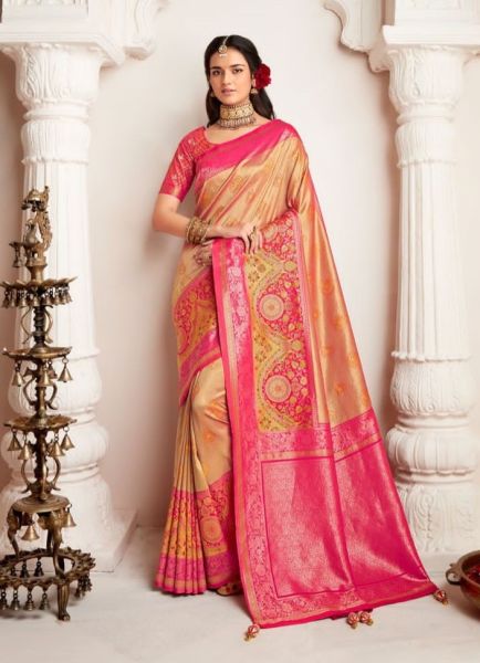 Light Orange & Magenta Banarasi Silk Embroidered Party-Wear Saree