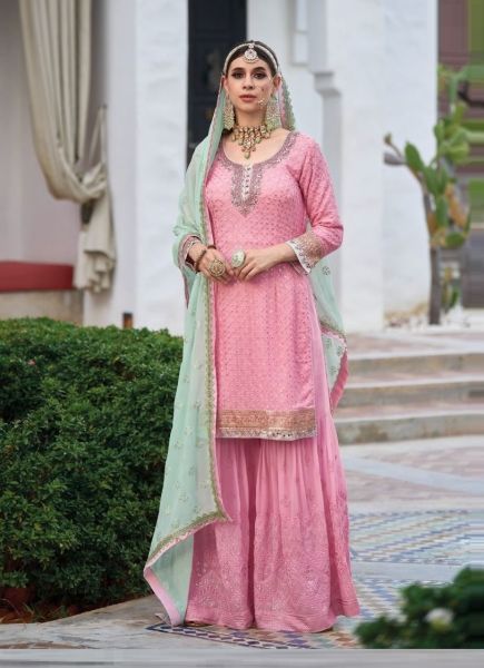 Pink Georgette Party-Wear Palazzo-Bottom Readymade Salwar Kameez