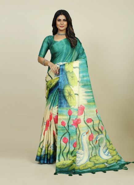 Aqua Tusser Silk Floral Digitally Printed Saree For Kitty Parties