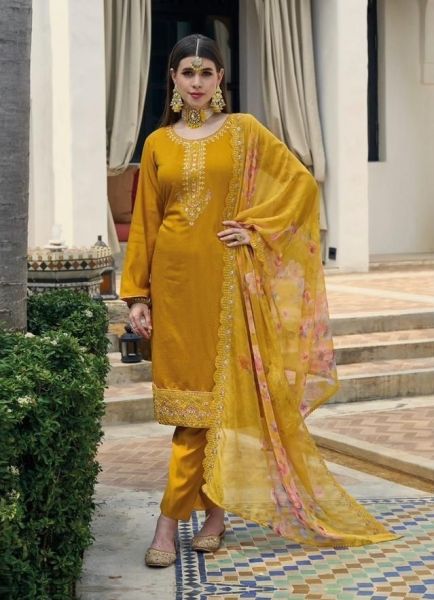 Mustard Yellow Viscose Silk Handwork & Digital Printed Readymade Salwar Kameez
