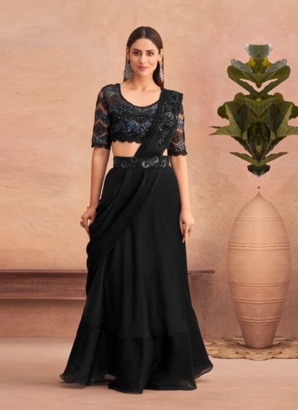 Black Silk Embroidered Party-Wear Lehenga Saree With Attached Dupatta