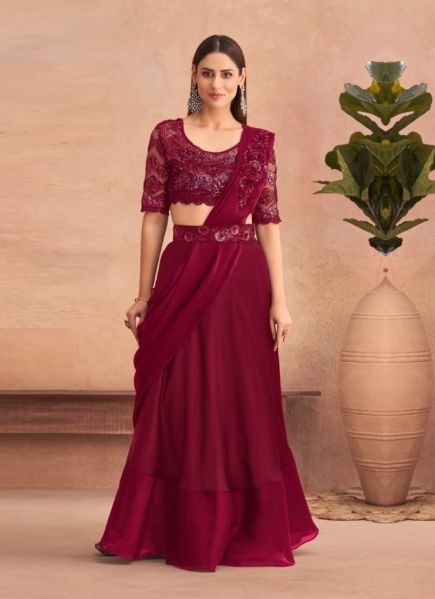Wine Red Silk Embroidered Party-Wear Lehenga Saree With Attached Dupatta