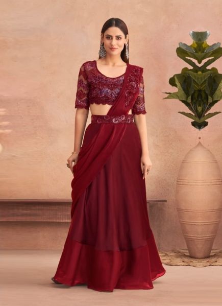 Maroon Silk Embroidered Party-Wear Lehenga Saree With Attached Dupatta