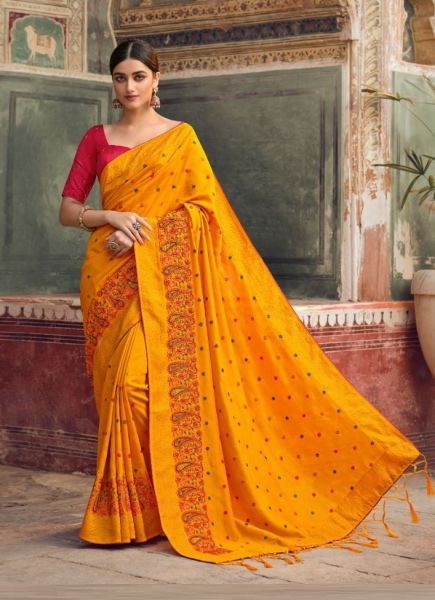 Orange Chiffon Vichitra Silk Embroidered Saree