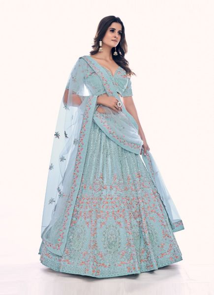 Light Blue Net With Thread, Sequins & Zarkan-Work Wedding-Wear Bridal Lehenga Choli