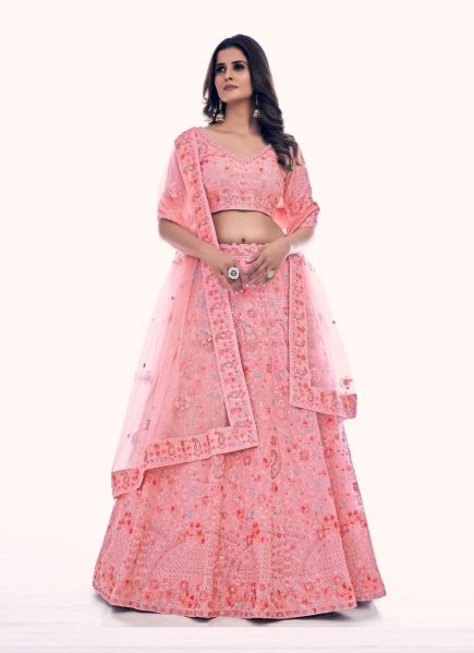 Pink Net With Thread, Sequins & Zarkan-Work Wedding-Wear Bridal Lehenga Choli