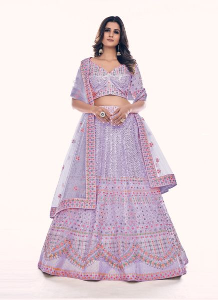 Lavender Net With Thread, Sequins & Zarkan-Work Wedding-Wear Bridal Lehenga Choli