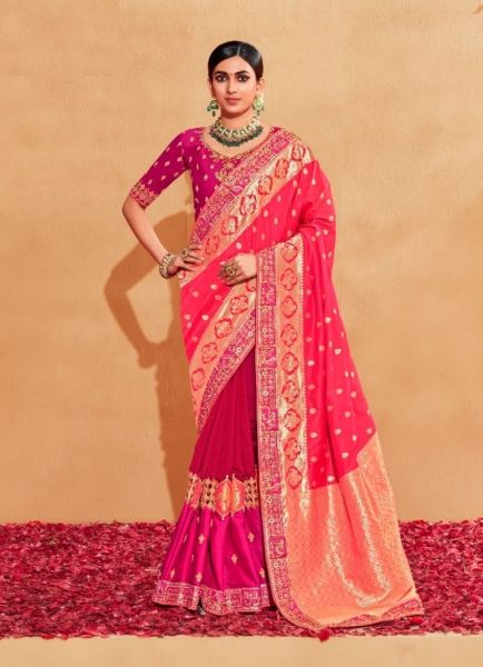 Magenta Silk Embroidered Wedding-Wear Saree