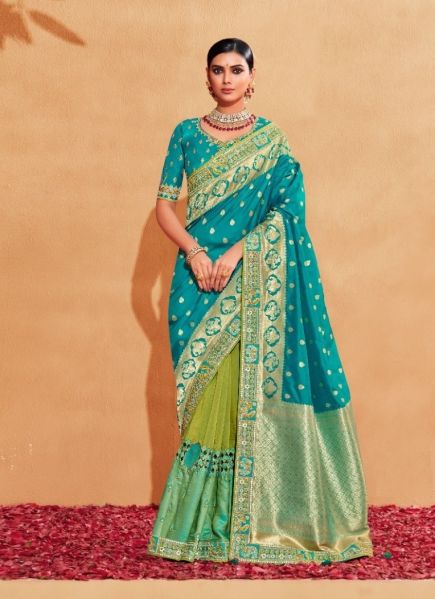 Teal Blue & Light Green Silk Embroidered Wedding-Wear Saree