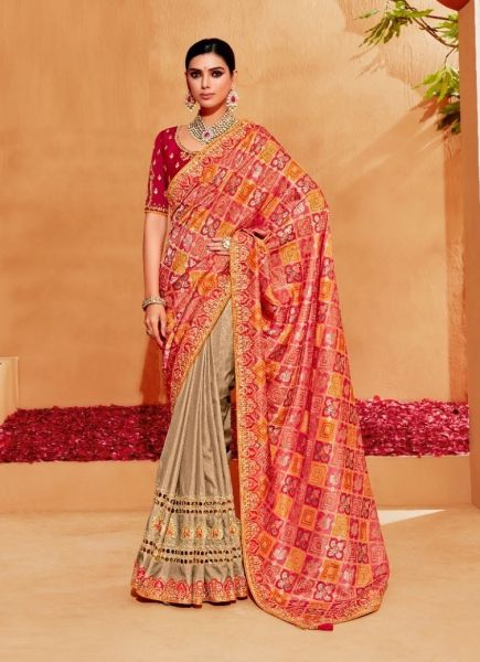 Coral & Burlywood Silk Embroidered Wedding-Wear Saree