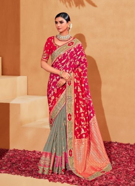 Crimson Red & Gray Silk Embroidered Wedding-Wear Saree