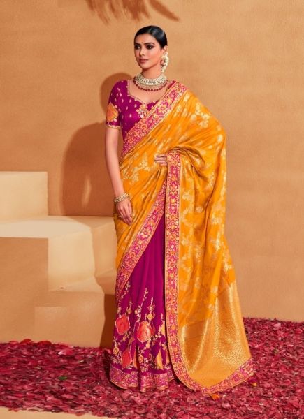 Orange & Magenta Silk Embroidered Wedding-Wear Saree