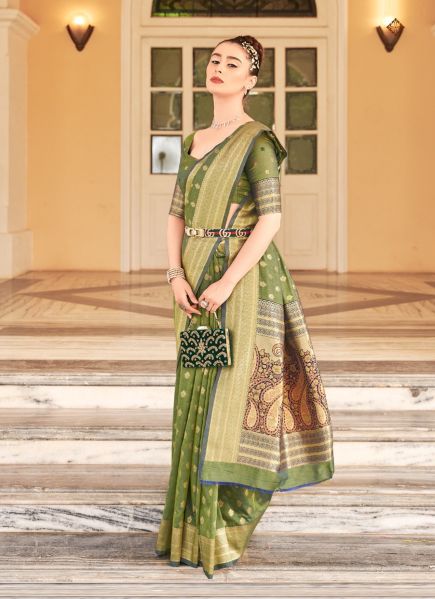 Olive Green Banarasi Cotton Silk Weaving Festive-Wear Saree