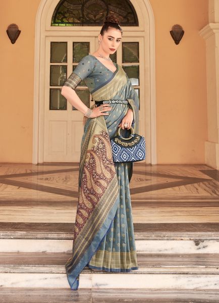 Gray Banarasi Cotton Silk Weaving Festive-Wear Saree