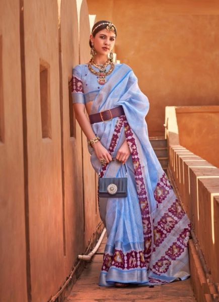Light Blue Cotton Silk Digitally Printed Festive-Wear Saree