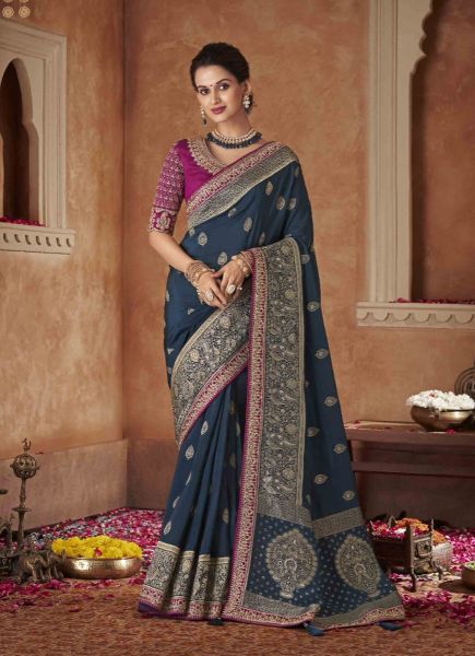 Blue Pure Dola Rich Pallu Embroidered Wedding-Wear Saree With Double Blouse