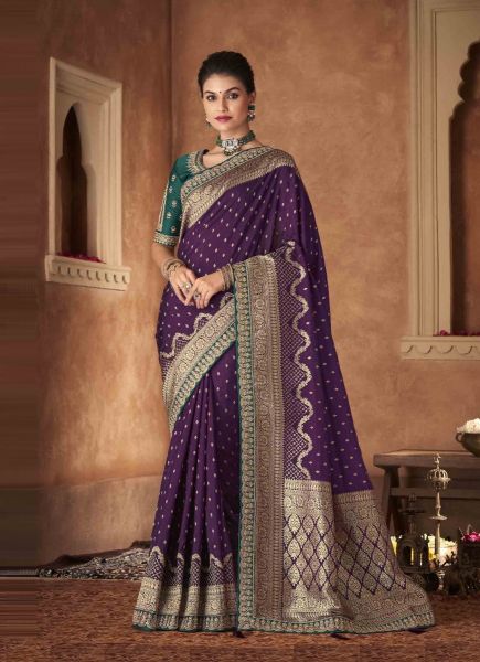Violet Pure Dola Rich Pallu Embroidered Wedding-Wear Saree With Double Blouse
