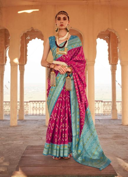Magenta & Sky Blue Patola Silk Weaving Party-Wear Saree
