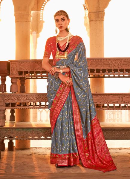 Blue Gray & Red Patola Silk Weaving Party-Wear Saree