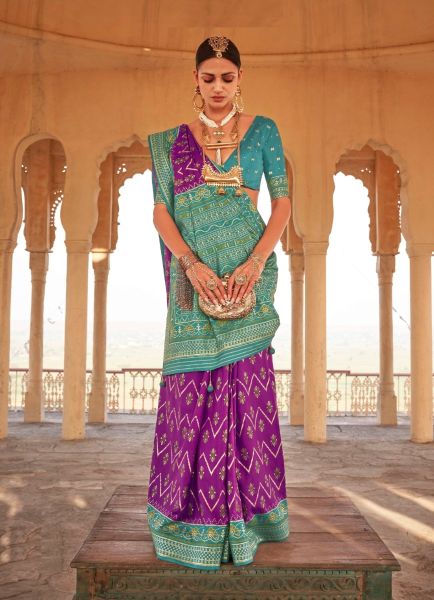 Purple & Teal Blue Patola Silk Weaving Party-Wear Saree