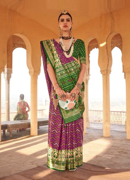 Purple & Green Patola Silk Weaving Party-Wear Saree