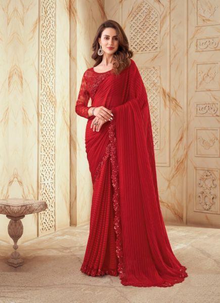 Red Silk Embroidered Party-Wear Boutique Saree