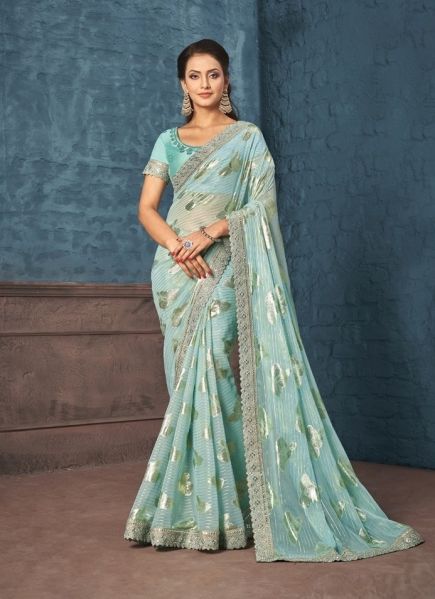 Light Blue Georgette With Jacquard & Mirror-Work Party-Wear Saree