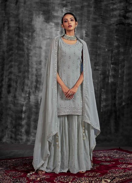 Gray Georgette Embroidered Party-Wear Gharara-Bottom Readymade Salwar Kameez