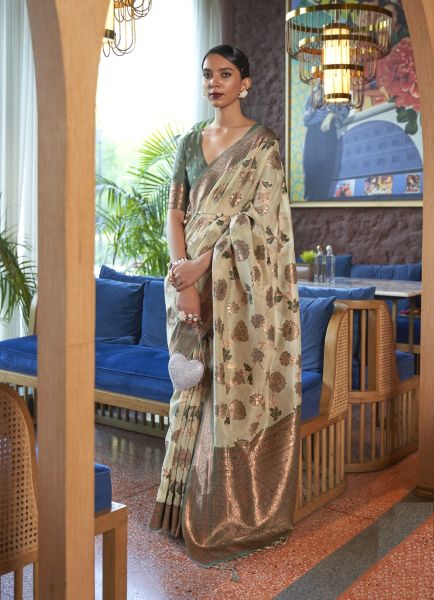 Light Celadon Organza Zari Silk Weaving Festive-Wear Saree