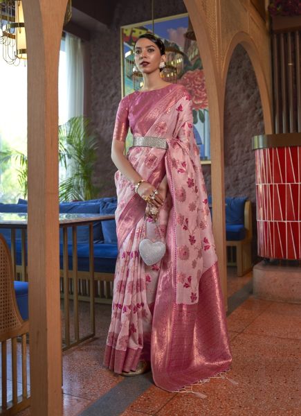 Pink Organza Zari Silk Weaving Festive-Wear Saree