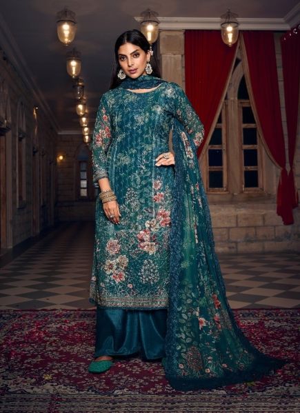 Sea Blue Georgette With Embroidery & Digitally Printed Festive-Wear Straight-Cut Salwar Kameez