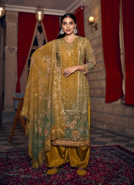 Golden Brown Georgette With Embroidery & Digitally Printed Festive-Wear Straight-Cut Salwar Kameez