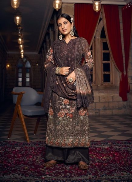 Dark Brown Georgette With Embroidery & Digitally Printed Festive-Wear Straight-Cut Salwar Kameez