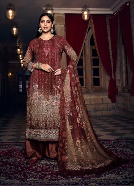 Maroon Georgette With Embroidery & Digitally Printed Festive-Wear Straight-Cut Salwar Kameez