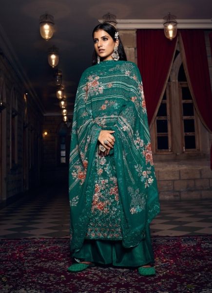 Teal Blue Georgette With Embroidery & Digitally Printed Festive-Wear Straight-Cut Salwar Kameez