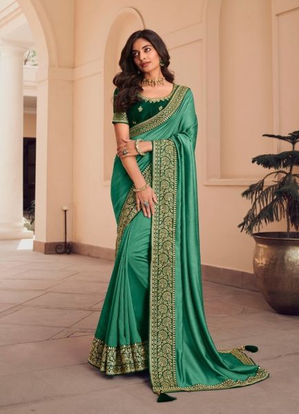 Jade Green Vichitra Silk Zari Embroidered Festive-Wear Saree