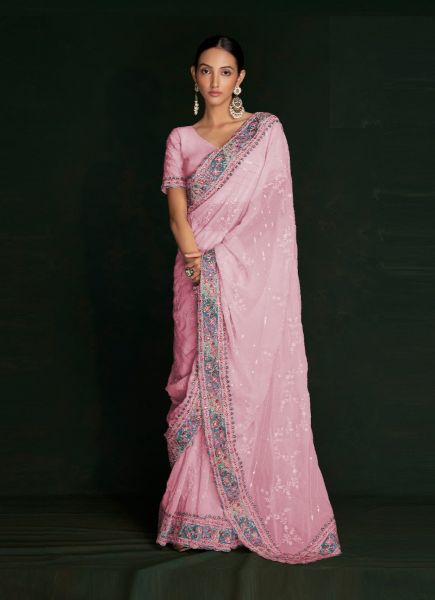 Light Pink Georgette Thread-Work Wedding-Wear Bridal Saree