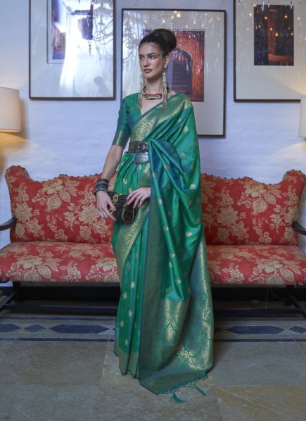 Teal Green Moss Weaving Handloom Silk Festive-Wear Saree