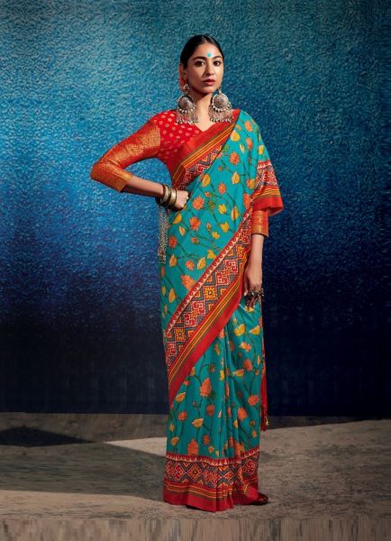 Sky Blue & Red Patola Silk Weaving Festive-Wear Saree