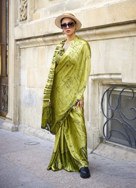 Light Olive Green Satin Crepe Digitally Printed Party-Wear Vibrant Saree