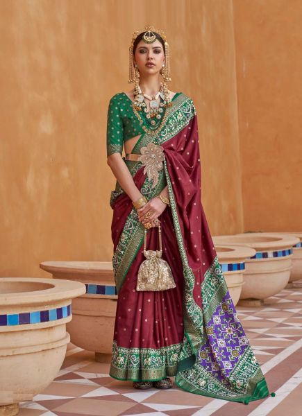 Wine Red Patola Silk Weaving Party-Wear Saree