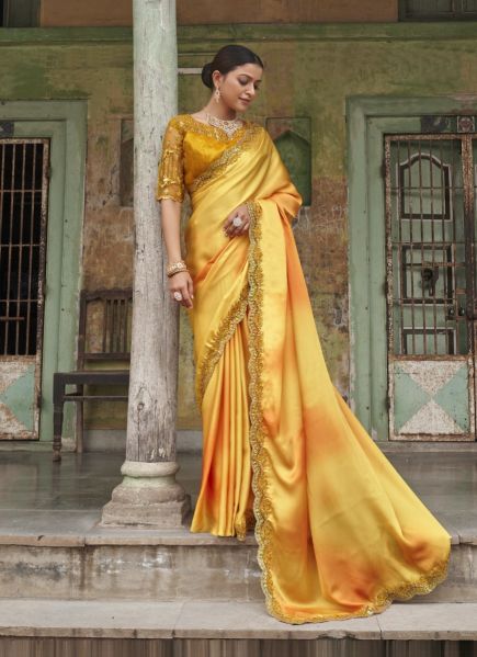 Yellow Satin Embroidered Party-Wear Boutique Saree