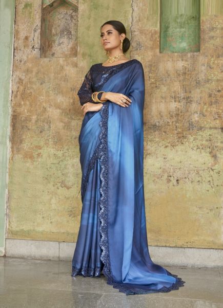 Blue Satin Embroidered Party-Wear Boutique Saree