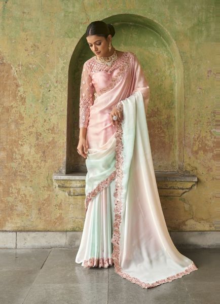Light Pink Satin Embroidered Party-Wear Boutique Saree