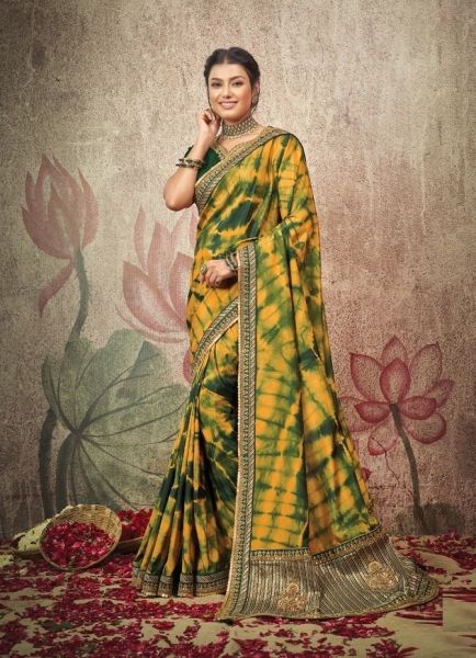 Yellow & Green Satin Silk Embroidered Party-Wear Boutique Saree