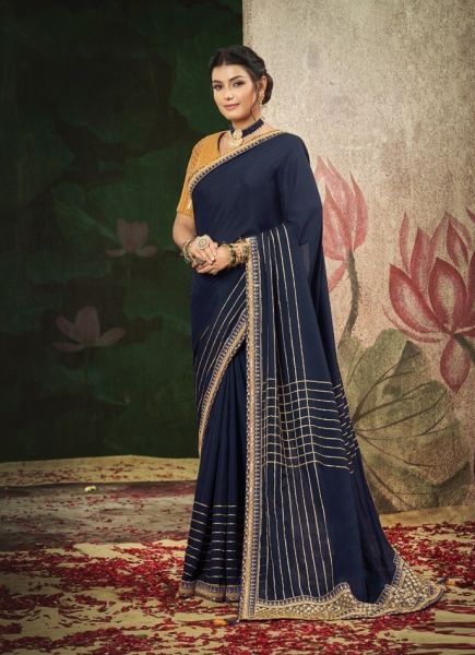 Navy Blue Crape Silk Embroidered Party-Wear Boutique Saree