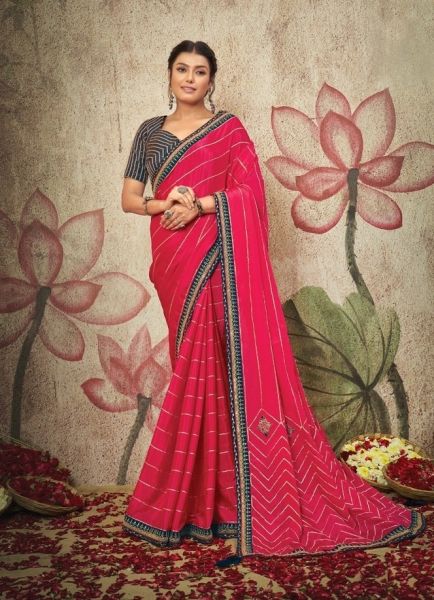 Pink Red Chiffon Embroidered Party-Wear Boutique Saree